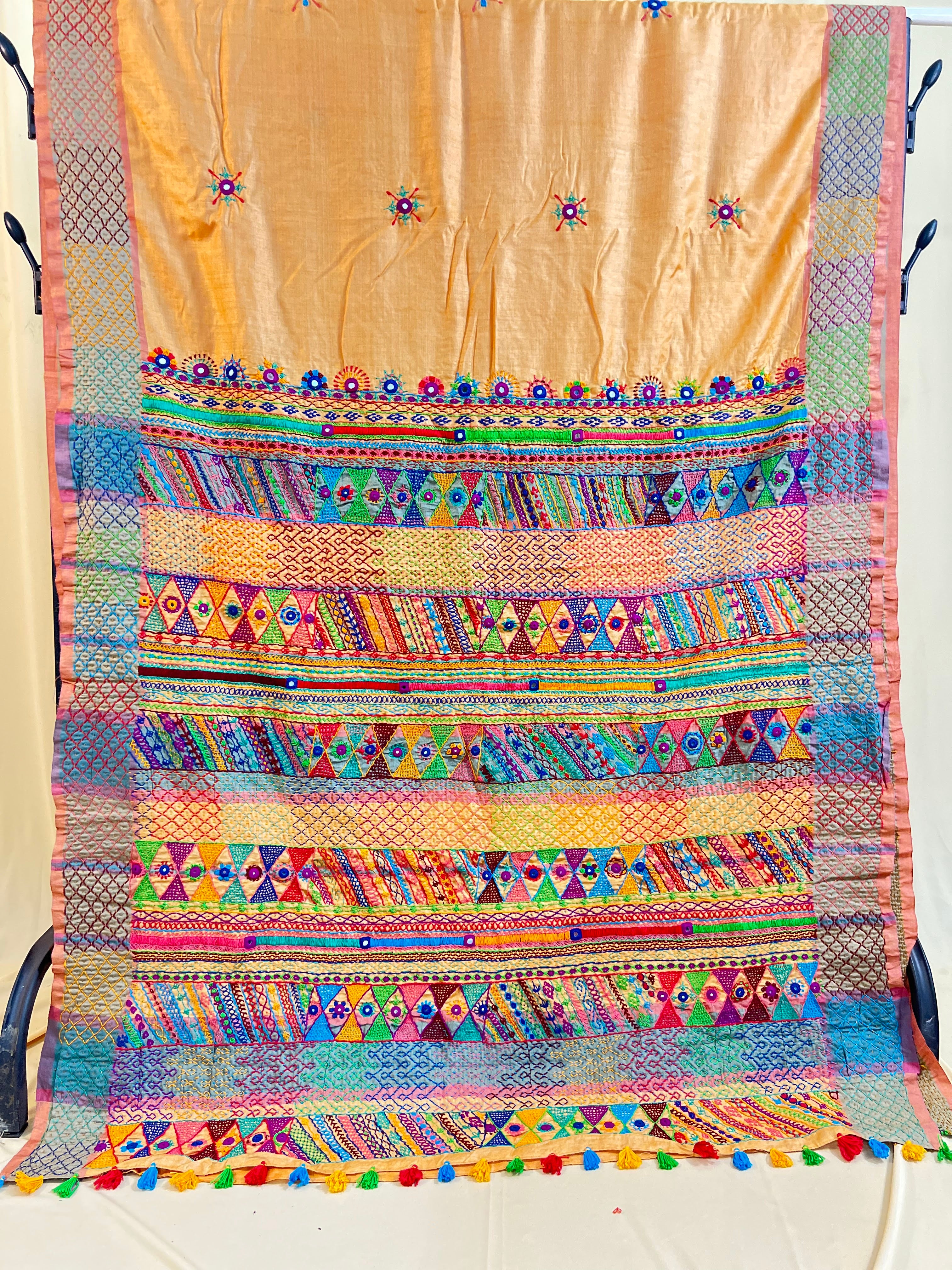 Tusser Silk Lambani Saree | Peach Beige Handcrafted Embroidered Saree