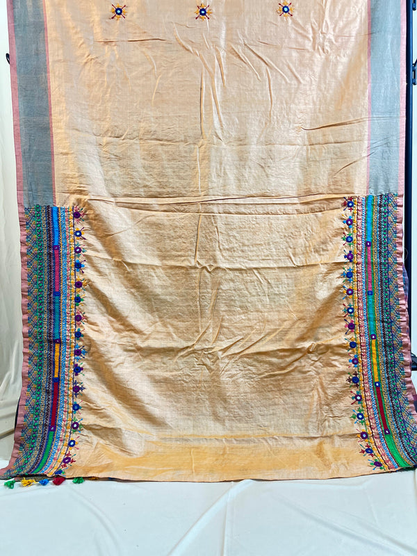 Tusser Silk Lambani Saree | Peach Beige Handcrafted Embroidered Saree
