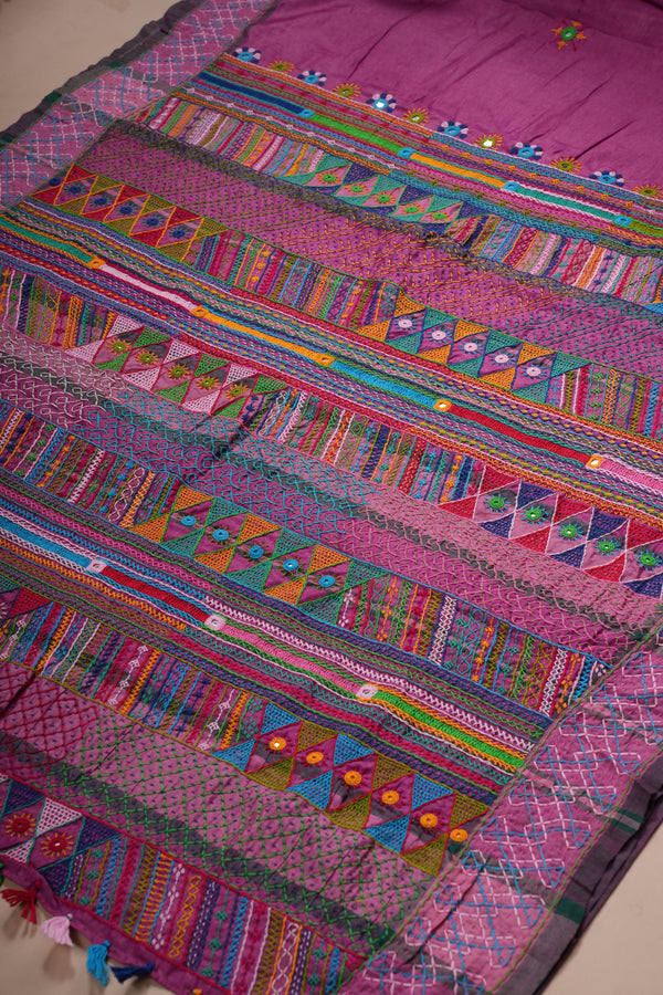 Tusser Silk Lambani Saree | Pink Handcrafted Heavy Embroidered Saree