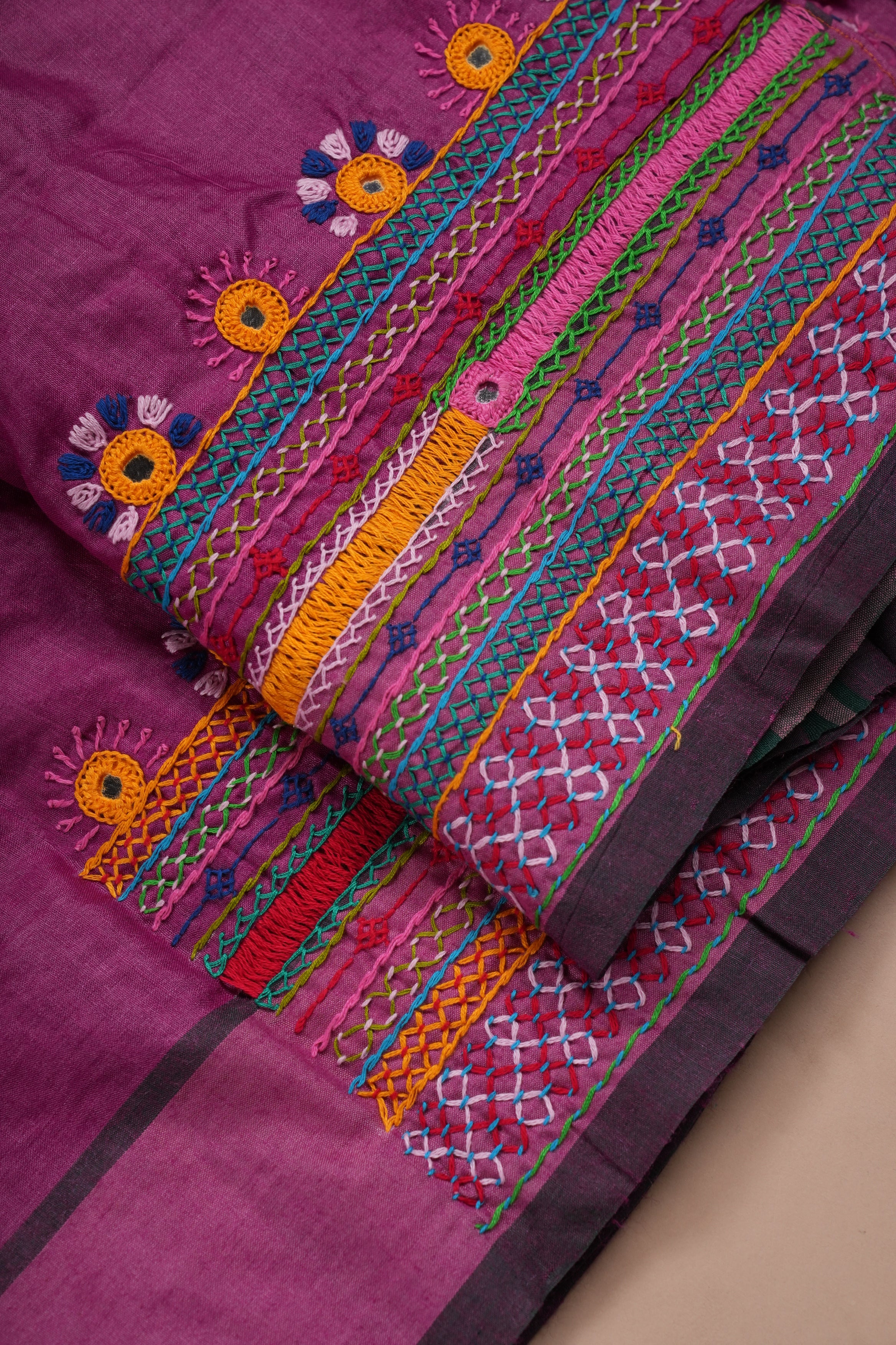 Tusser Silk Lambani Saree | Pink Handcrafted Heavy Embroidered Saree