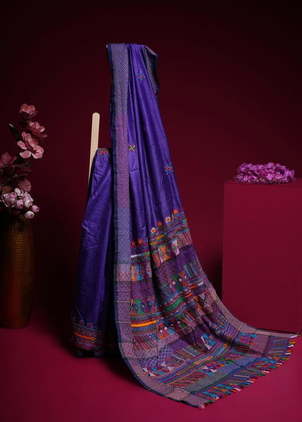 Tusser Silk Lambani Saree | Royal Purple Handcrafted Embroidered Saree