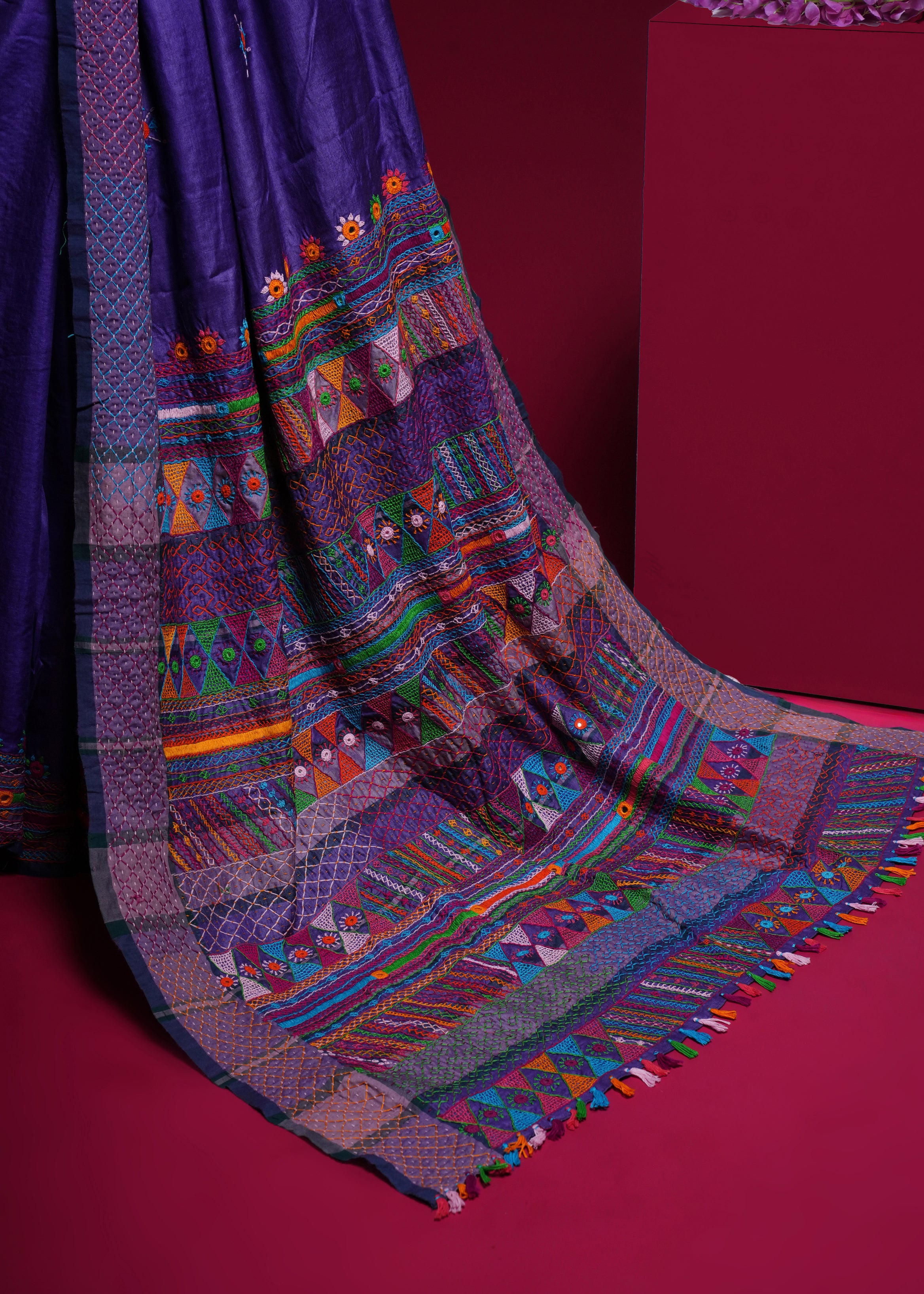 Tusser Silk Lambani Saree | Royal Purple Handcrafted Embroidered Saree