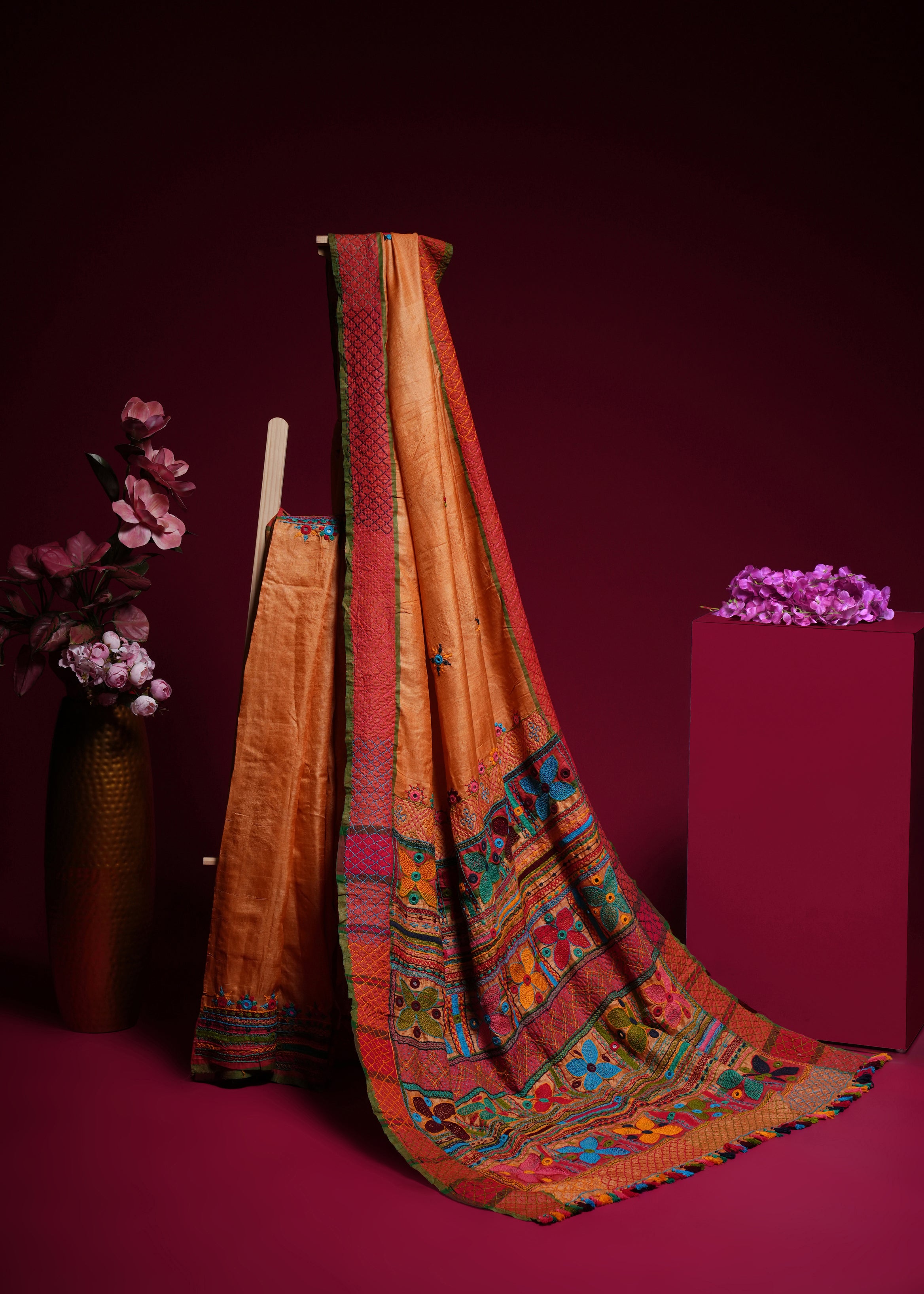 Tusser Silk Lambani Saree | Rust Orange Handcrafted Embroidered Saree