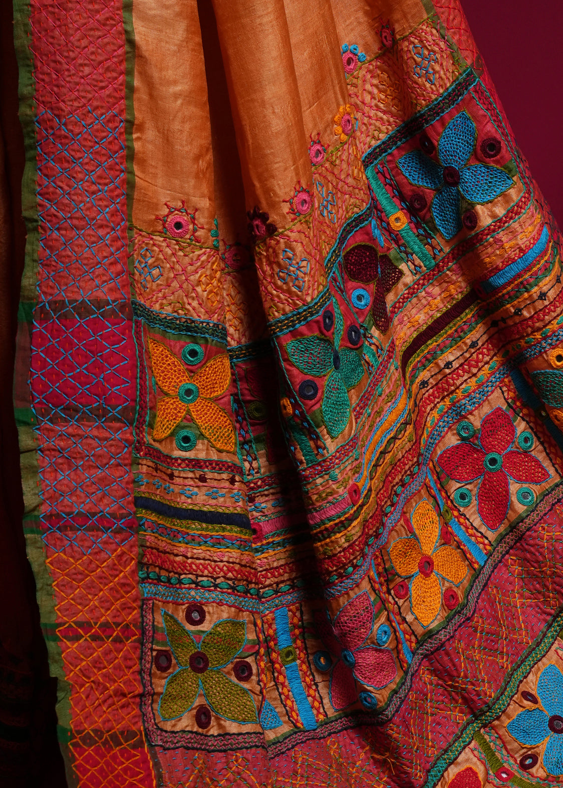 Tusser Silk Lambani Saree | Rust Orange Handcrafted Embroidered Saree