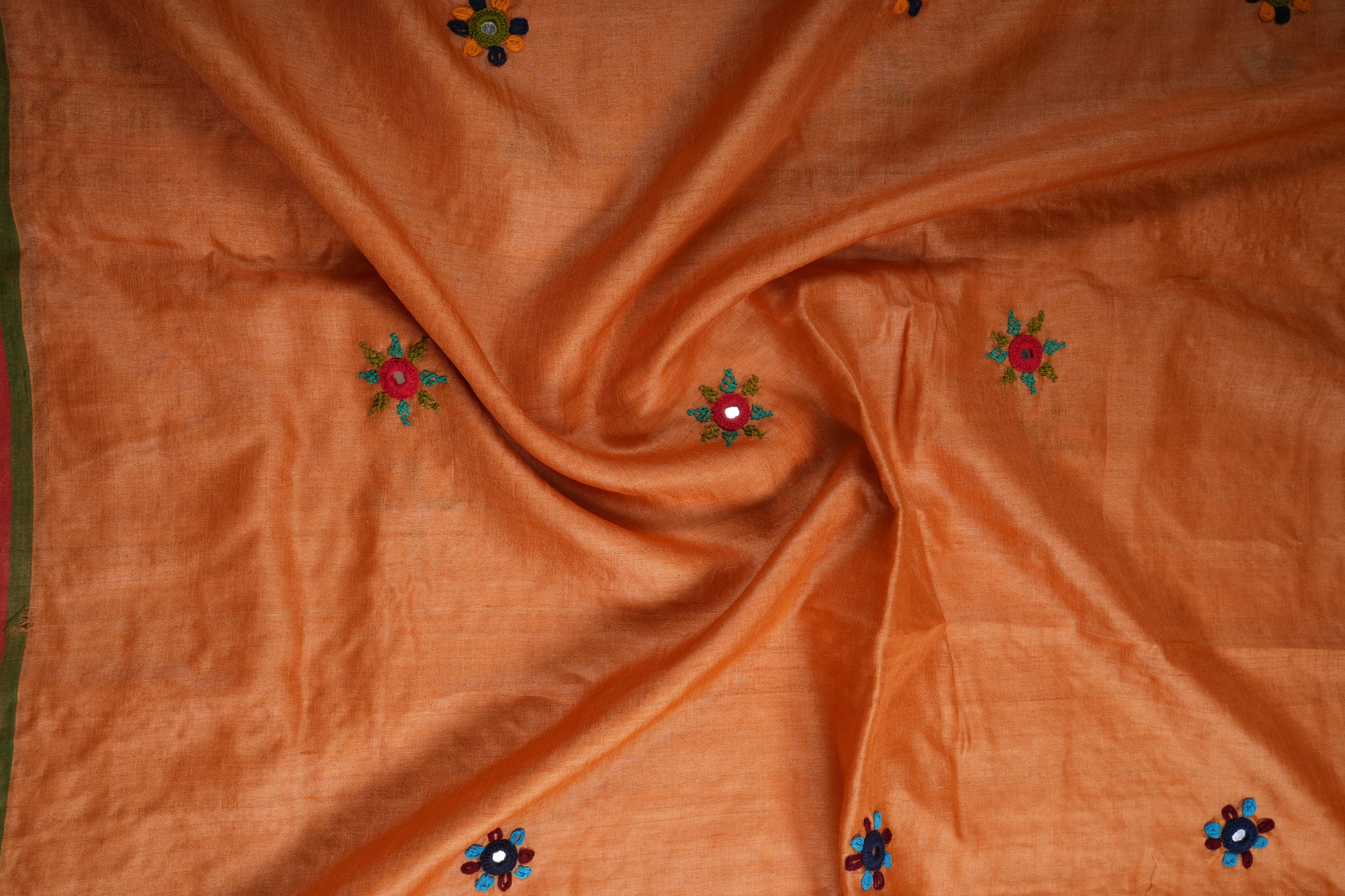 Tusser Silk Lambani Saree | Rust Orange Handcrafted Embroidered Saree