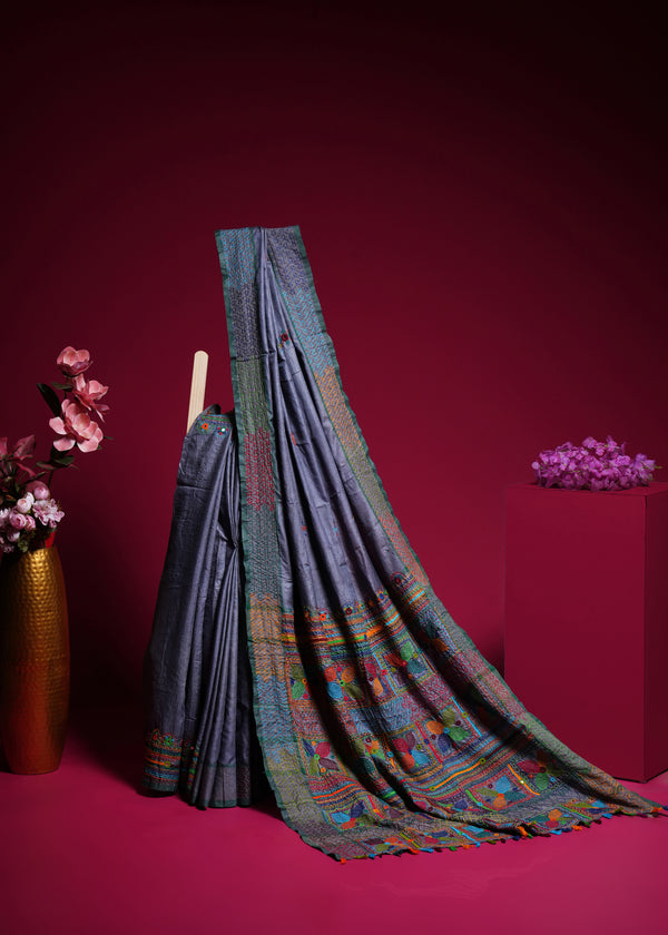 Tusser Silk Lambani Saree | Steel Grey Handcrafted Embroidered Saree