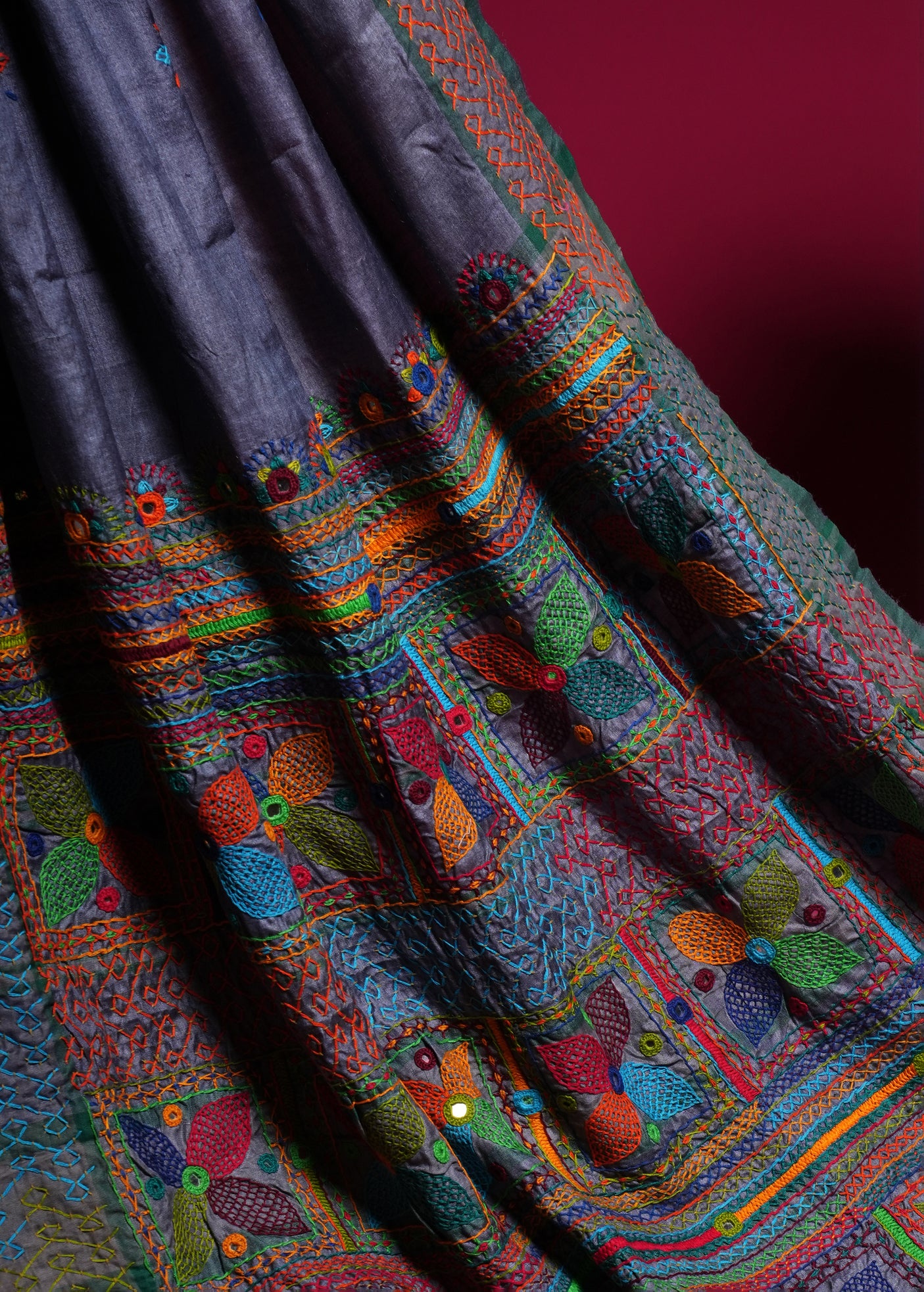 Tusser Silk Lambani Saree | Steel Grey Handcrafted Embroidered Saree