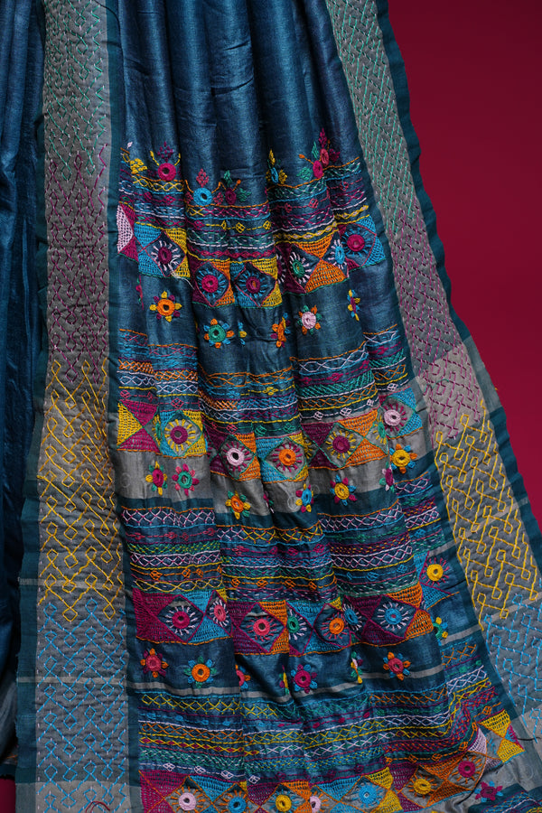 Tusser Silk Lambani Saree  Teal Blue Handcrafted Embroidered Saree