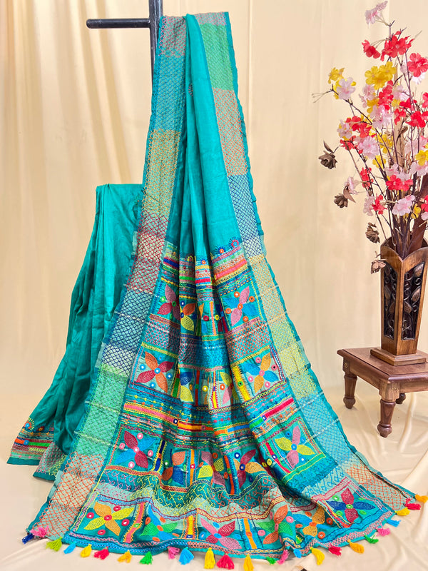 Tusser Silk Lambani Saree | Teal Blue Handcrafted Embroidered Saree