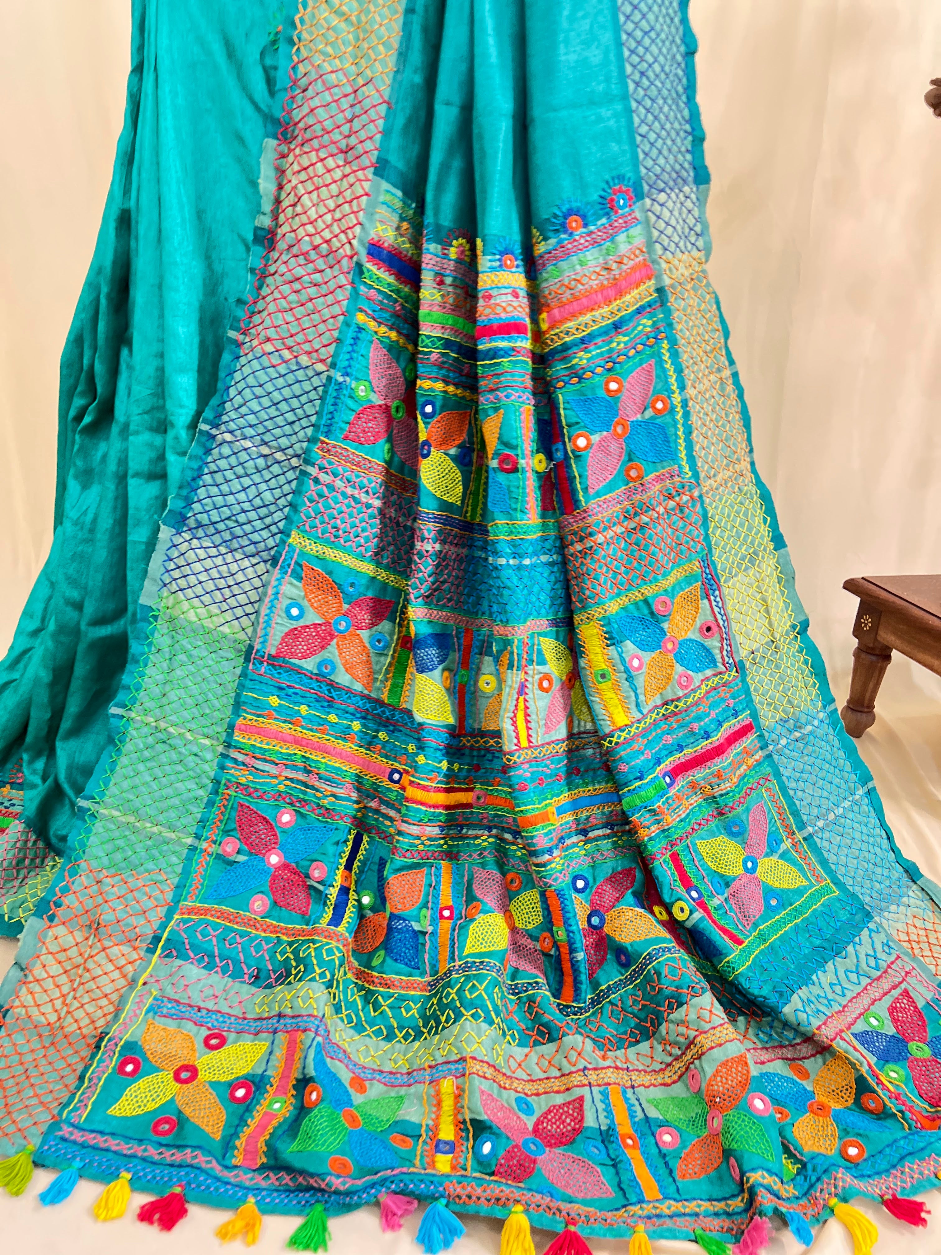 Tusser Silk Lambani Saree | Teal Blue Handcrafted Embroidered Saree