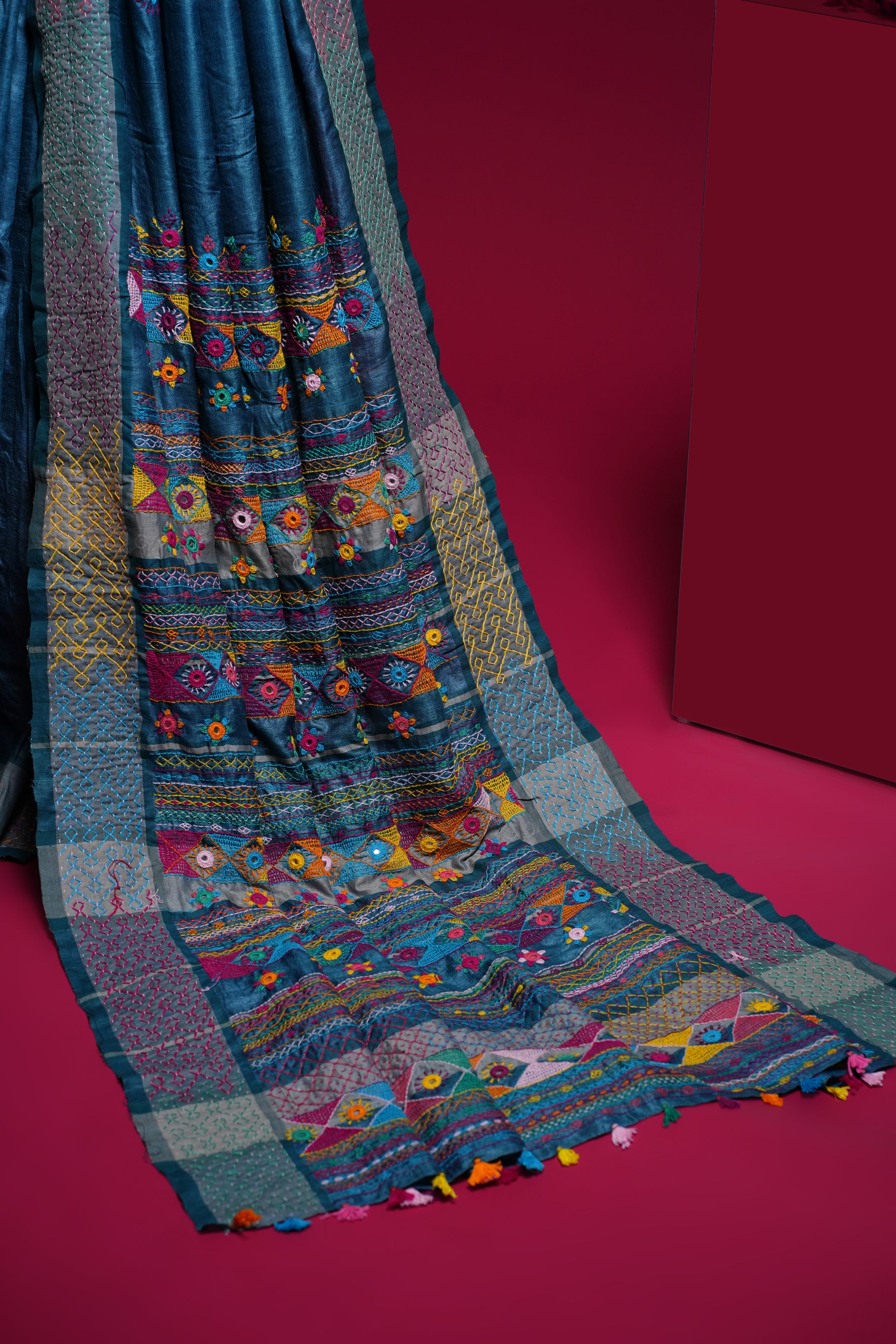 Tusser Silk Lambani Saree  Teal Blue Handcrafted Embroidered Saree