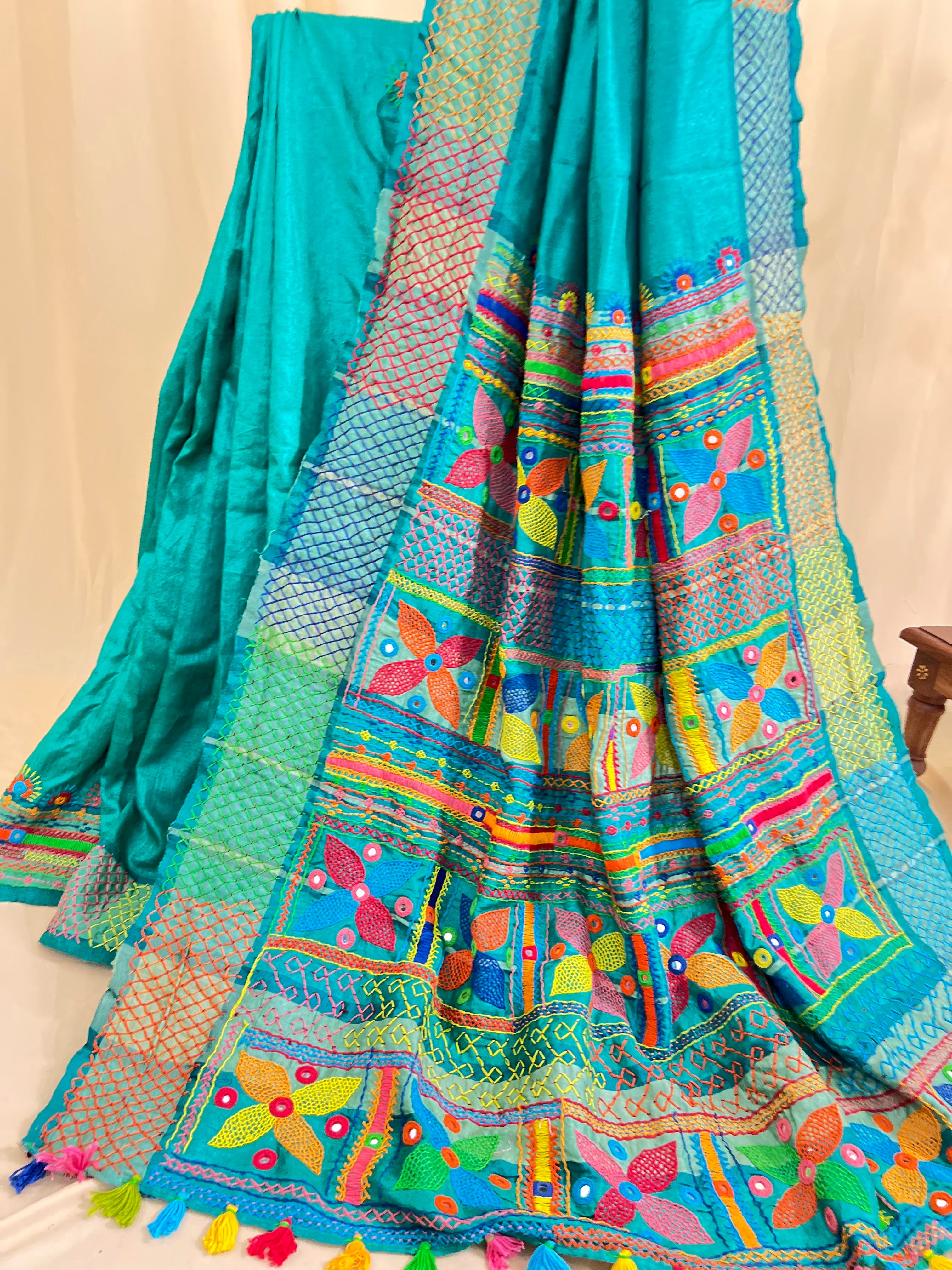 Tusser Silk Lambani Saree | Teal Blue Handcrafted Embroidered Saree