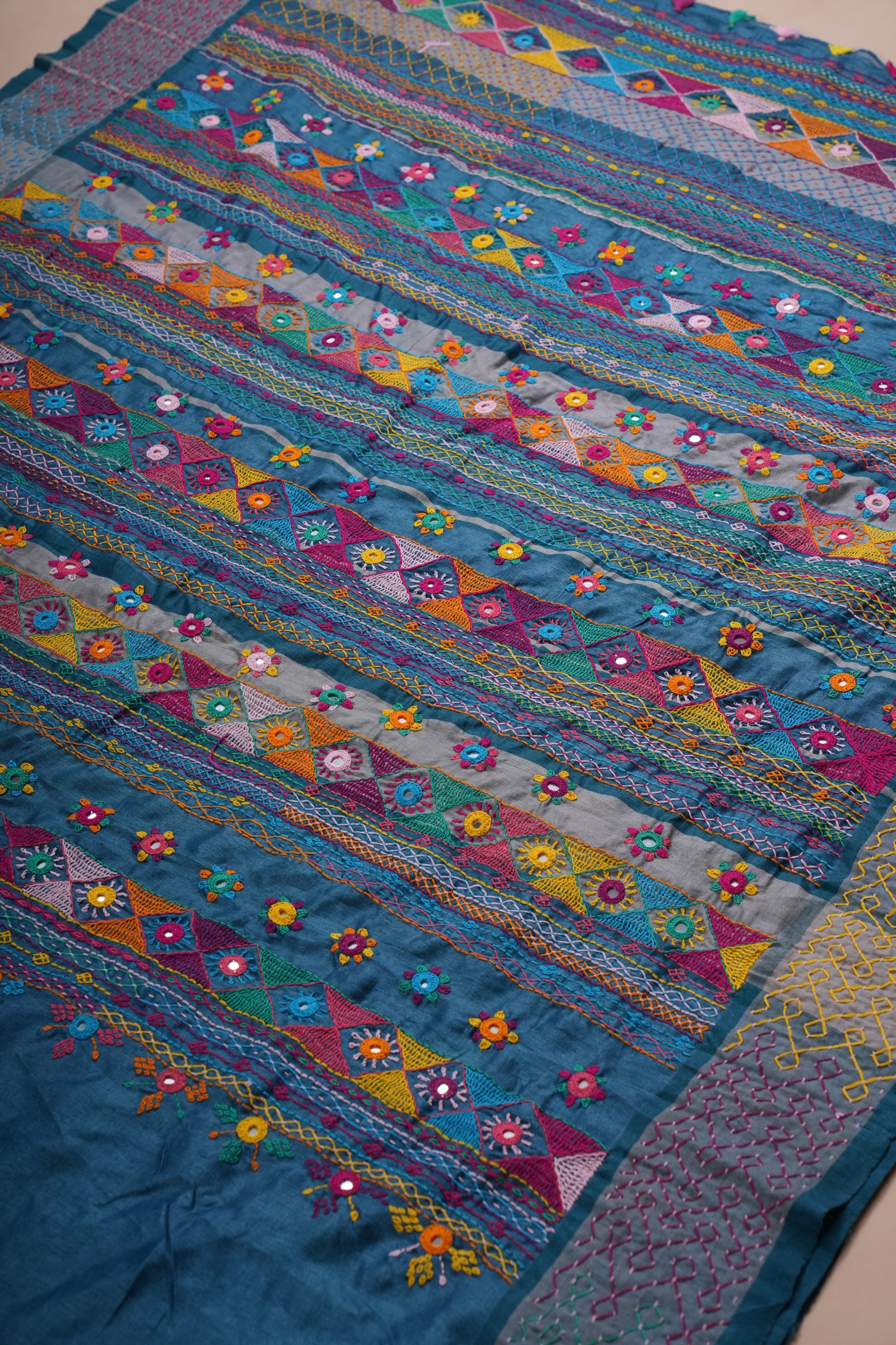 Tusser Silk Lambani Saree  Teal Blue Handcrafted Embroidered Saree