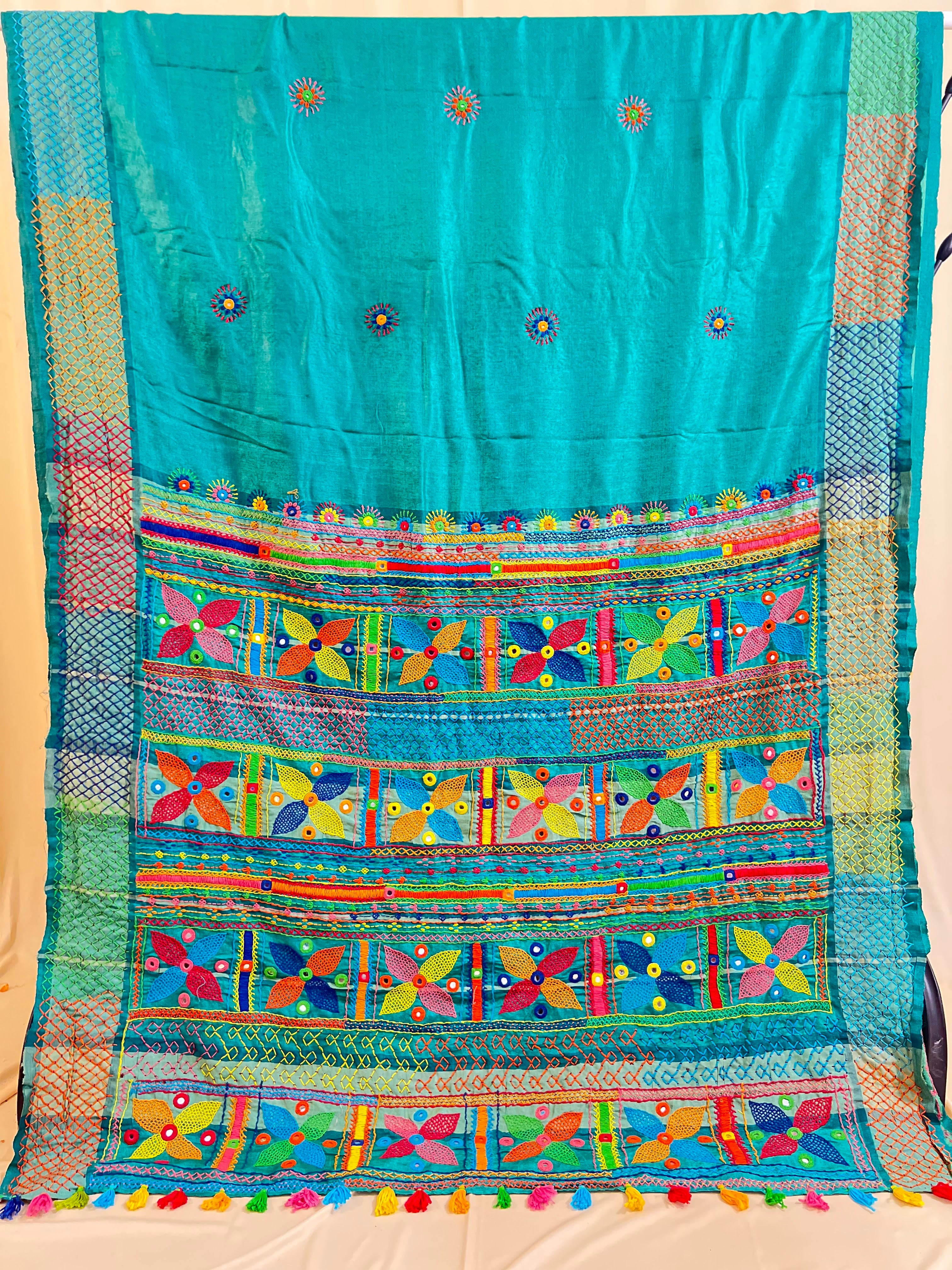 Tusser Silk Lambani Saree | Teal Blue Handcrafted Embroidered Saree