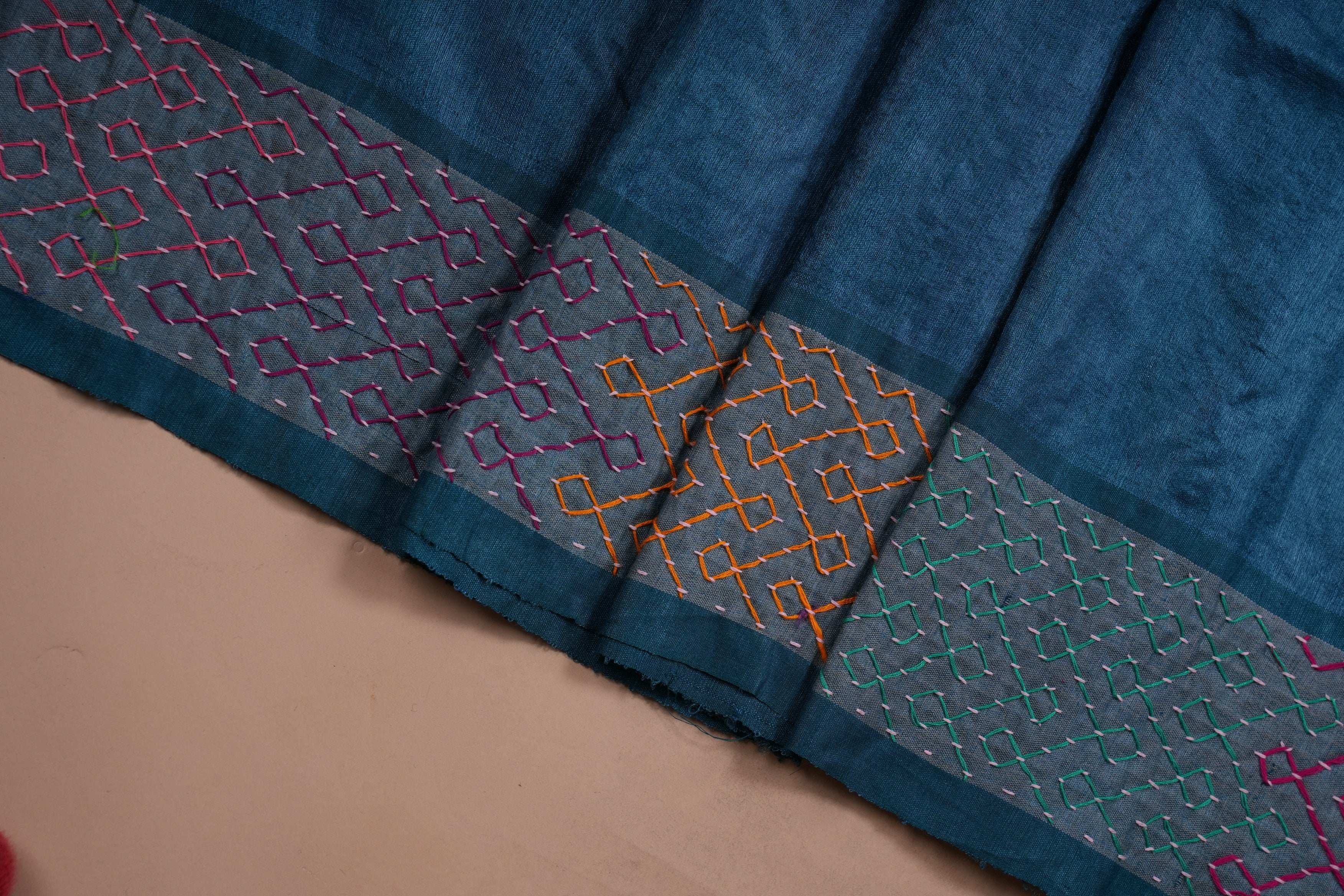Tusser Silk Lambani Saree  Teal Blue Handcrafted Embroidered Saree