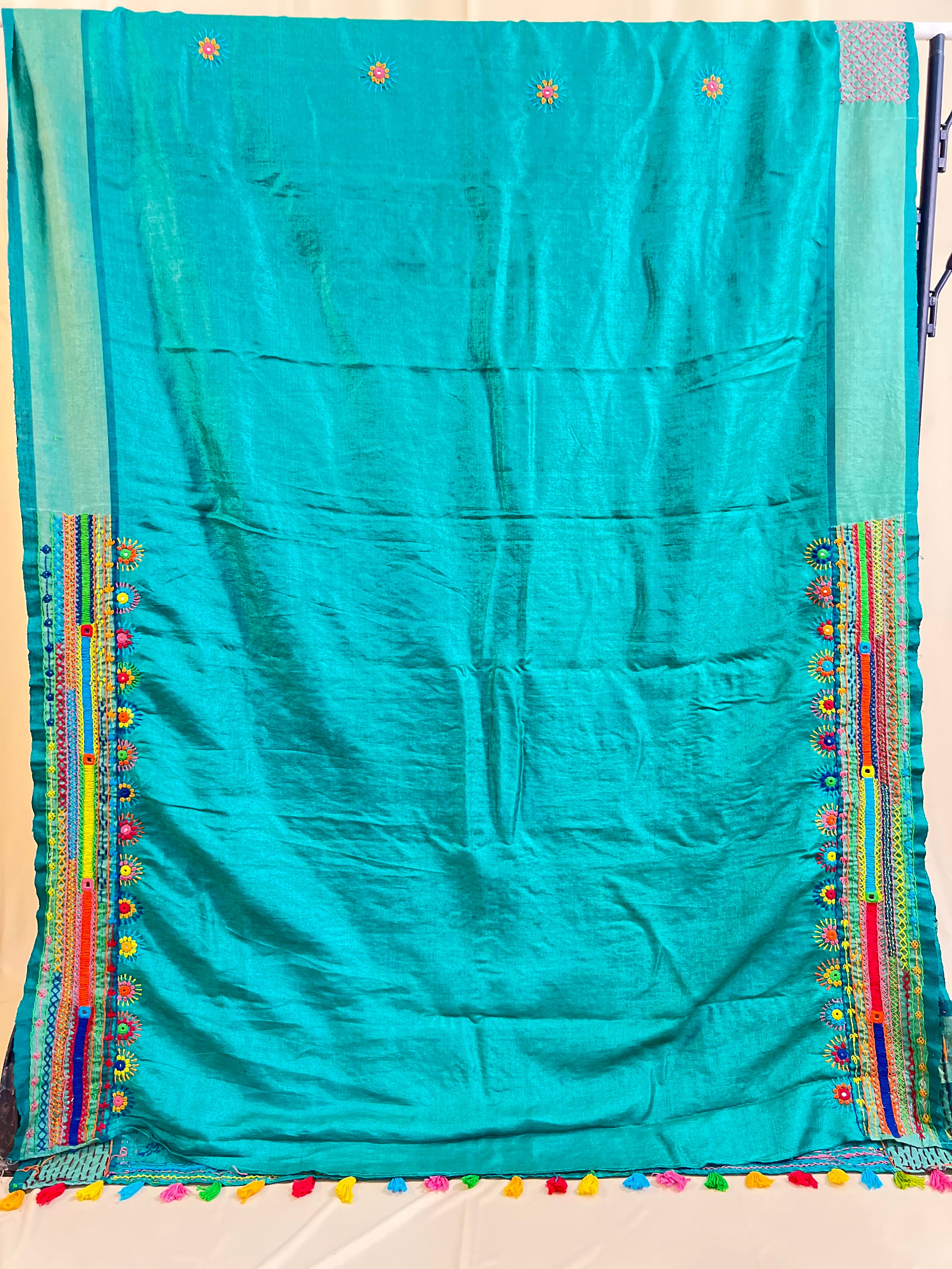 Tusser Silk Lambani Saree | Teal Blue Handcrafted Embroidered Saree
