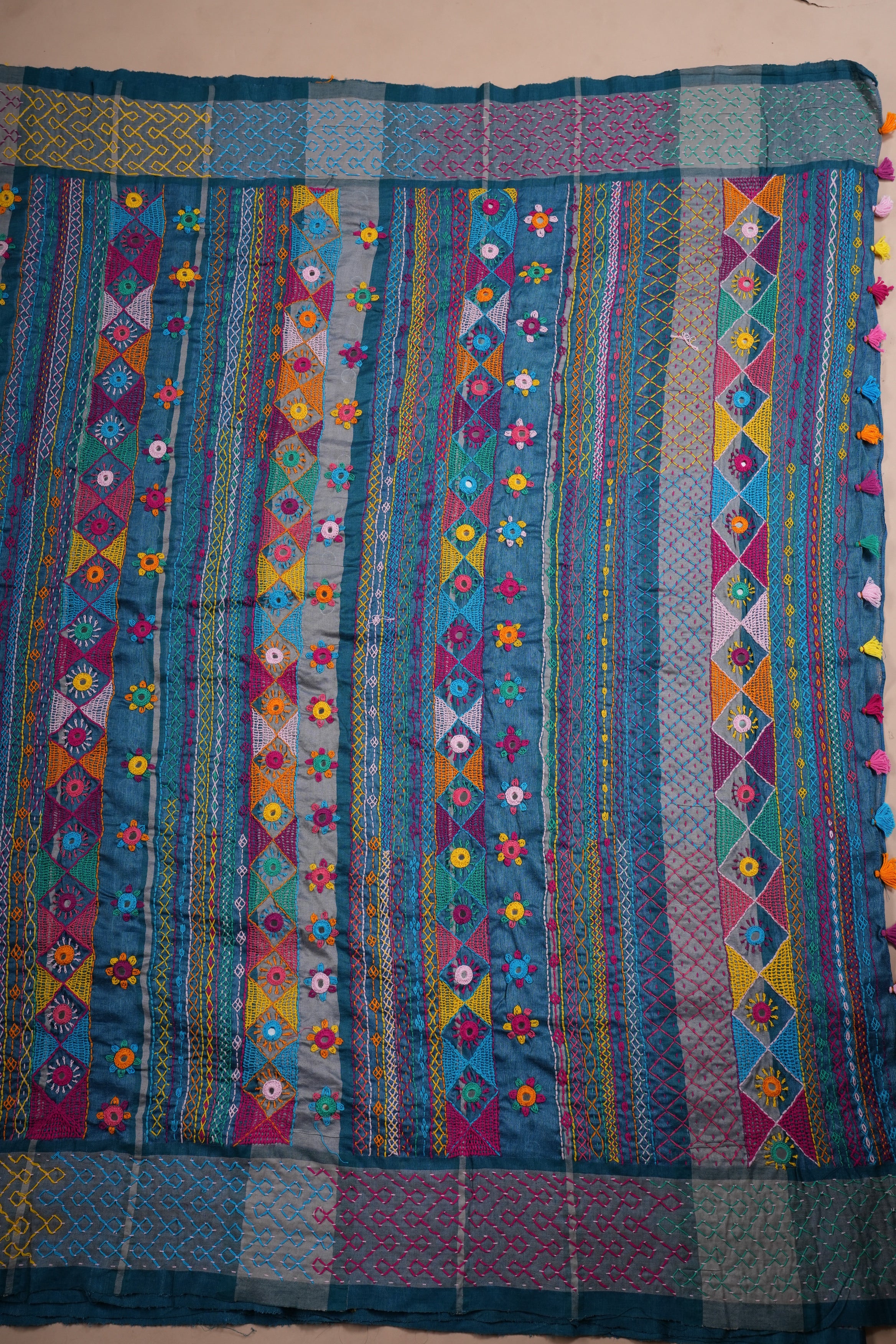 Tusser Silk Lambani Saree  Teal Blue Handcrafted Embroidered Saree