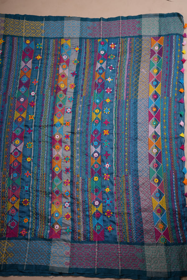 Tusser Silk Lambani Saree  Teal Blue Handcrafted Embroidered Saree